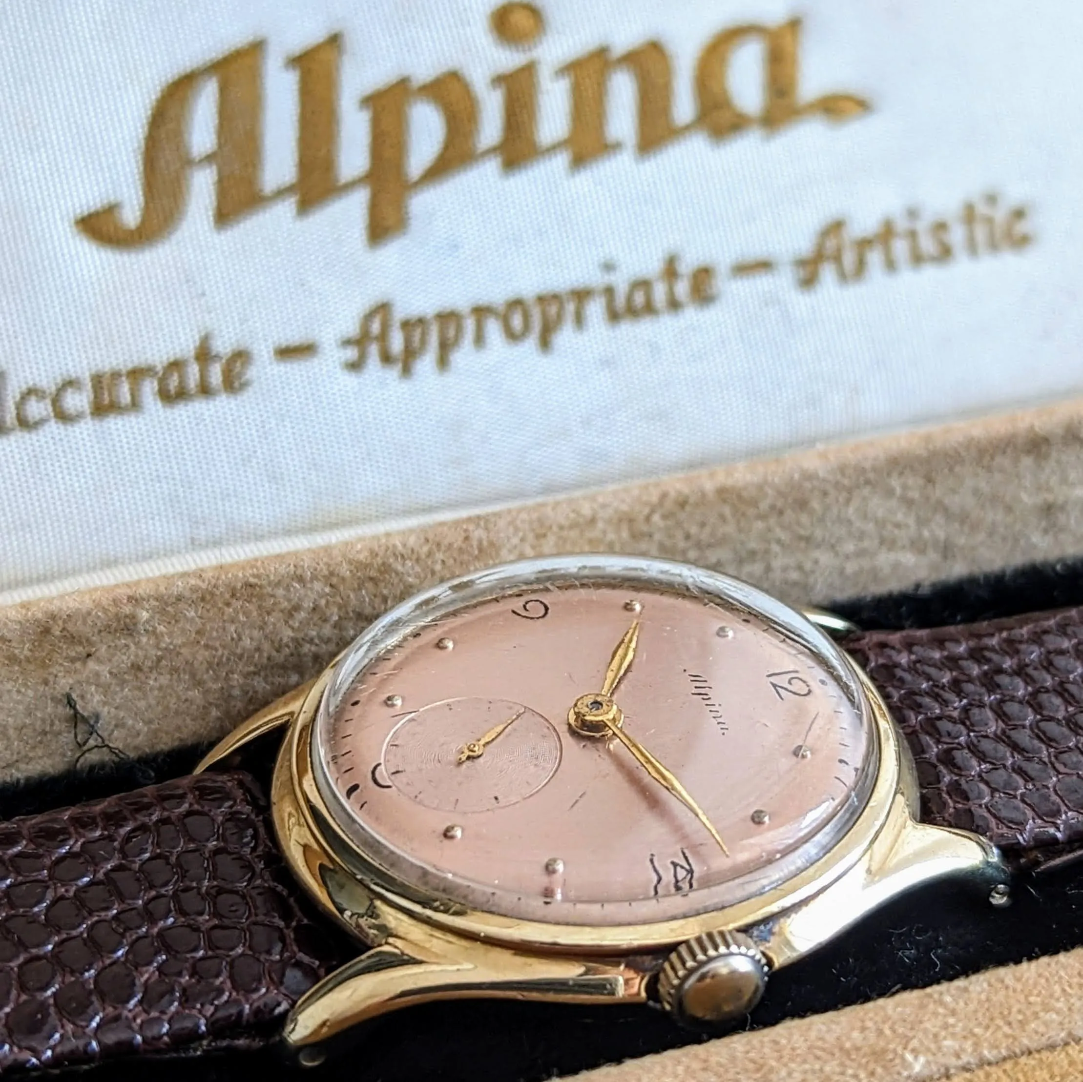 1940s ALPINA Watch 14K GOLD Vintage Wristwatch - Rose Gold Dial - Original BOX!