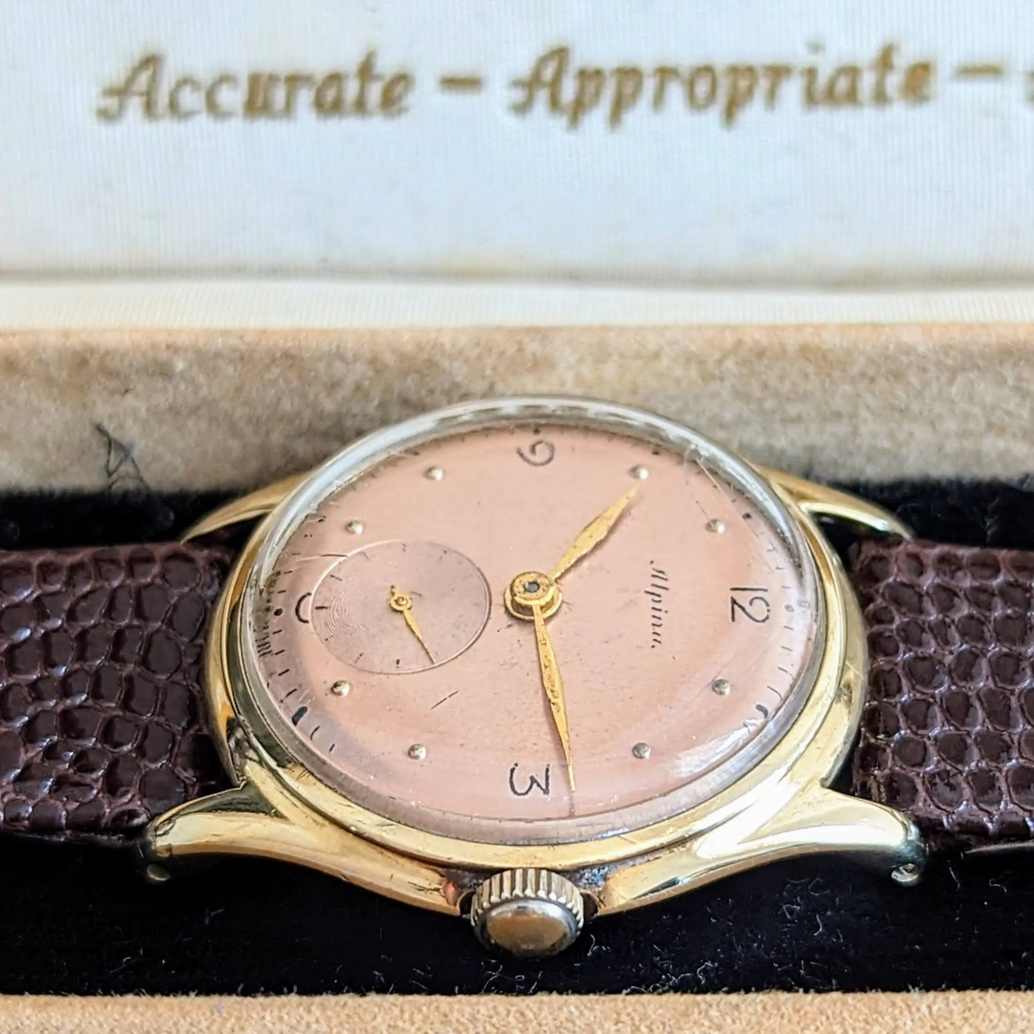 1940s ALPINA Watch 14K GOLD Vintage Wristwatch - Rose Gold Dial - Original BOX!