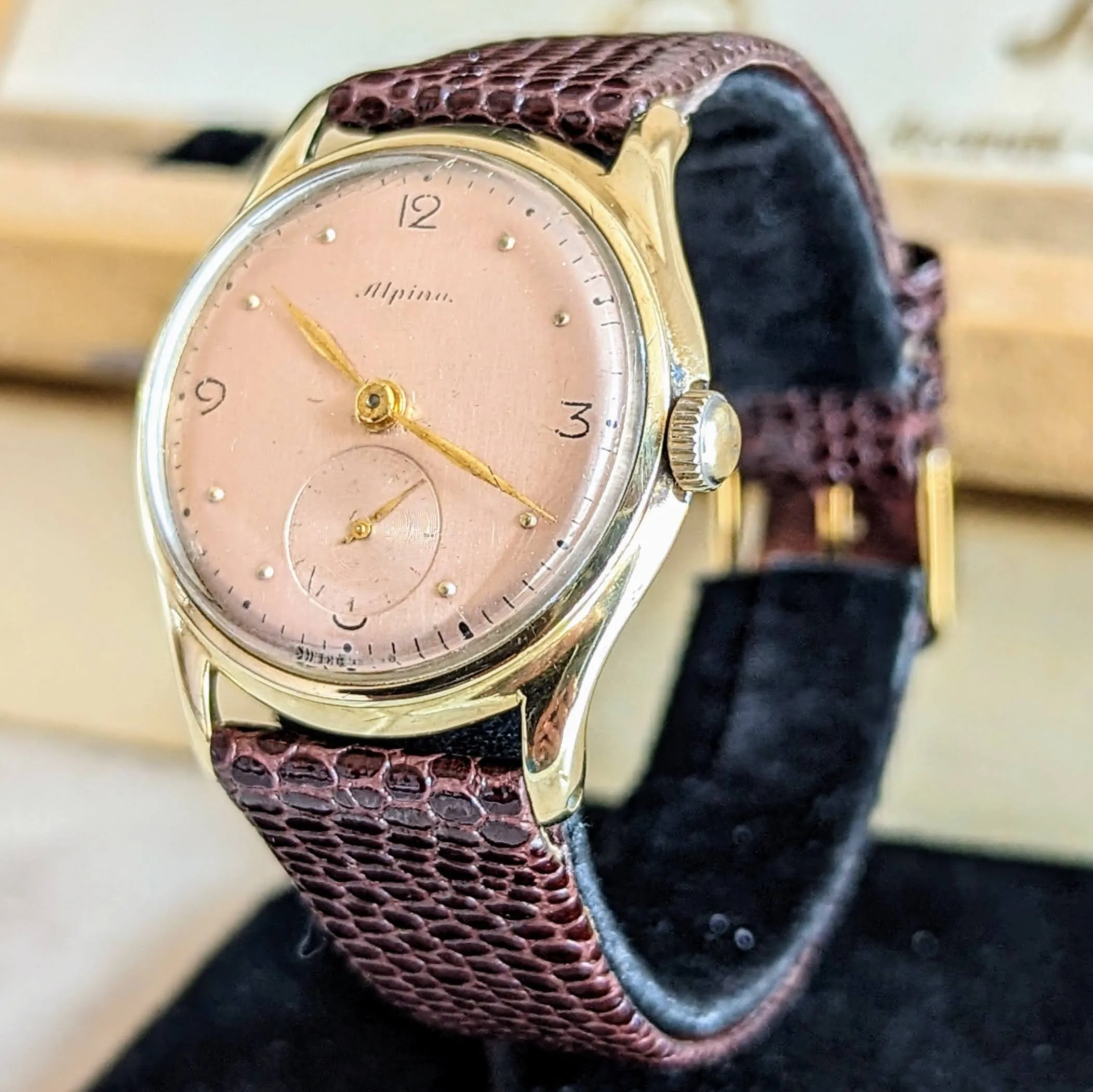 1940s ALPINA Watch 14K GOLD Vintage Wristwatch - Rose Gold Dial - Original BOX!