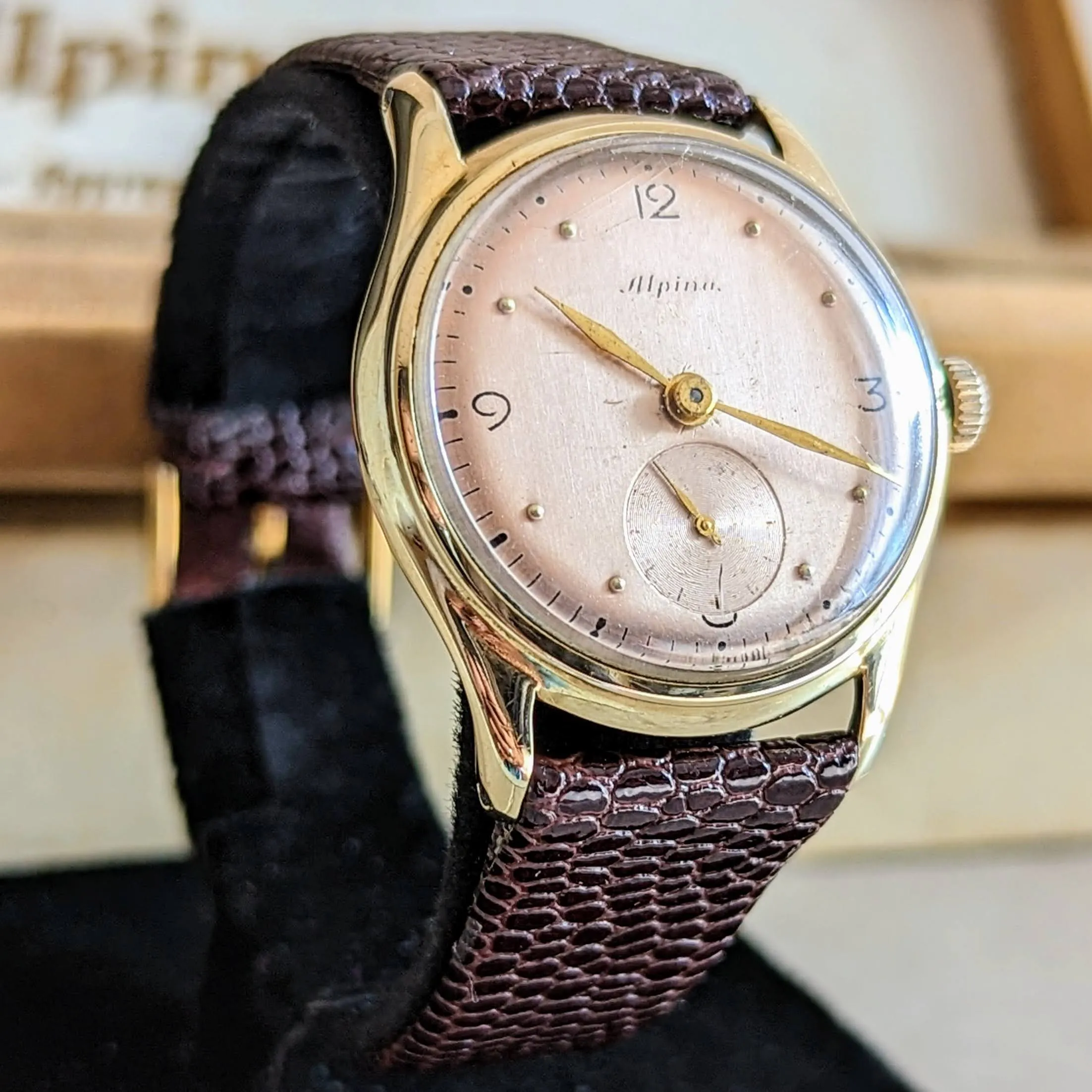 1940s ALPINA Watch 14K GOLD Vintage Wristwatch - Rose Gold Dial - Original BOX!