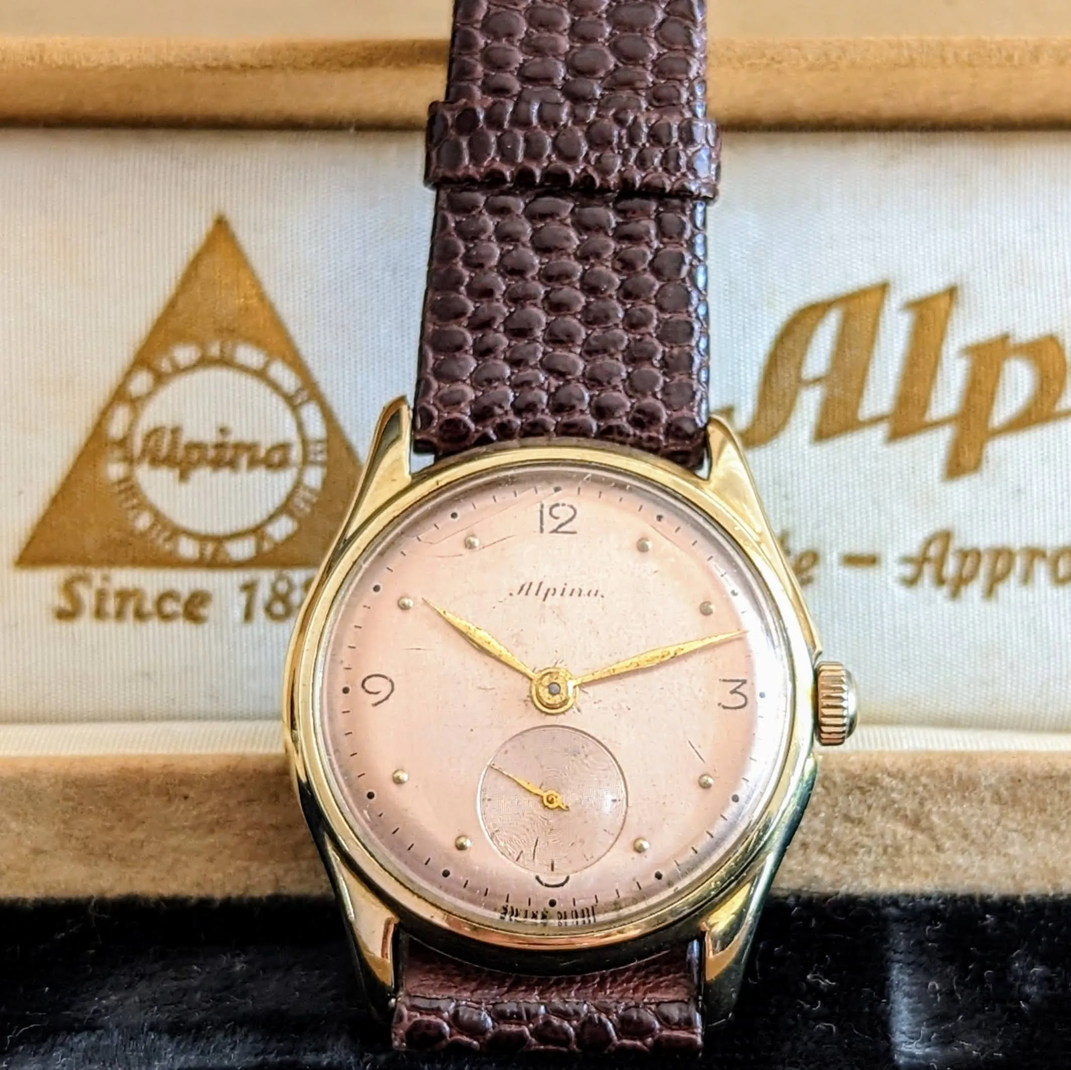 1940s ALPINA Watch 14K GOLD Vintage Wristwatch - Rose Gold Dial - Original BOX!