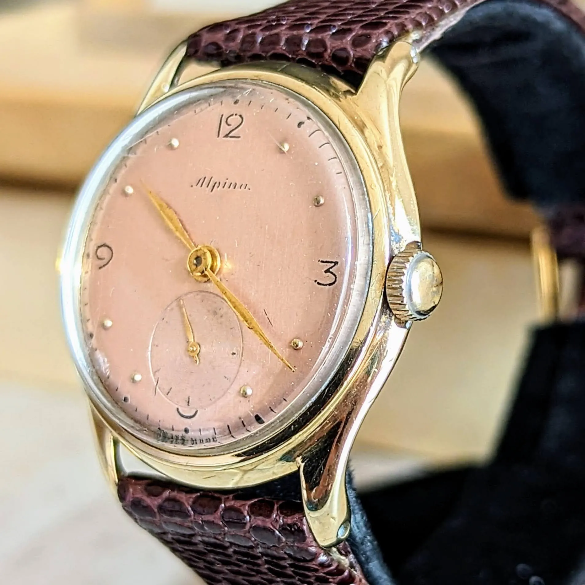 1940s ALPINA Watch 14K GOLD Vintage Wristwatch - Rose Gold Dial - Original BOX!
