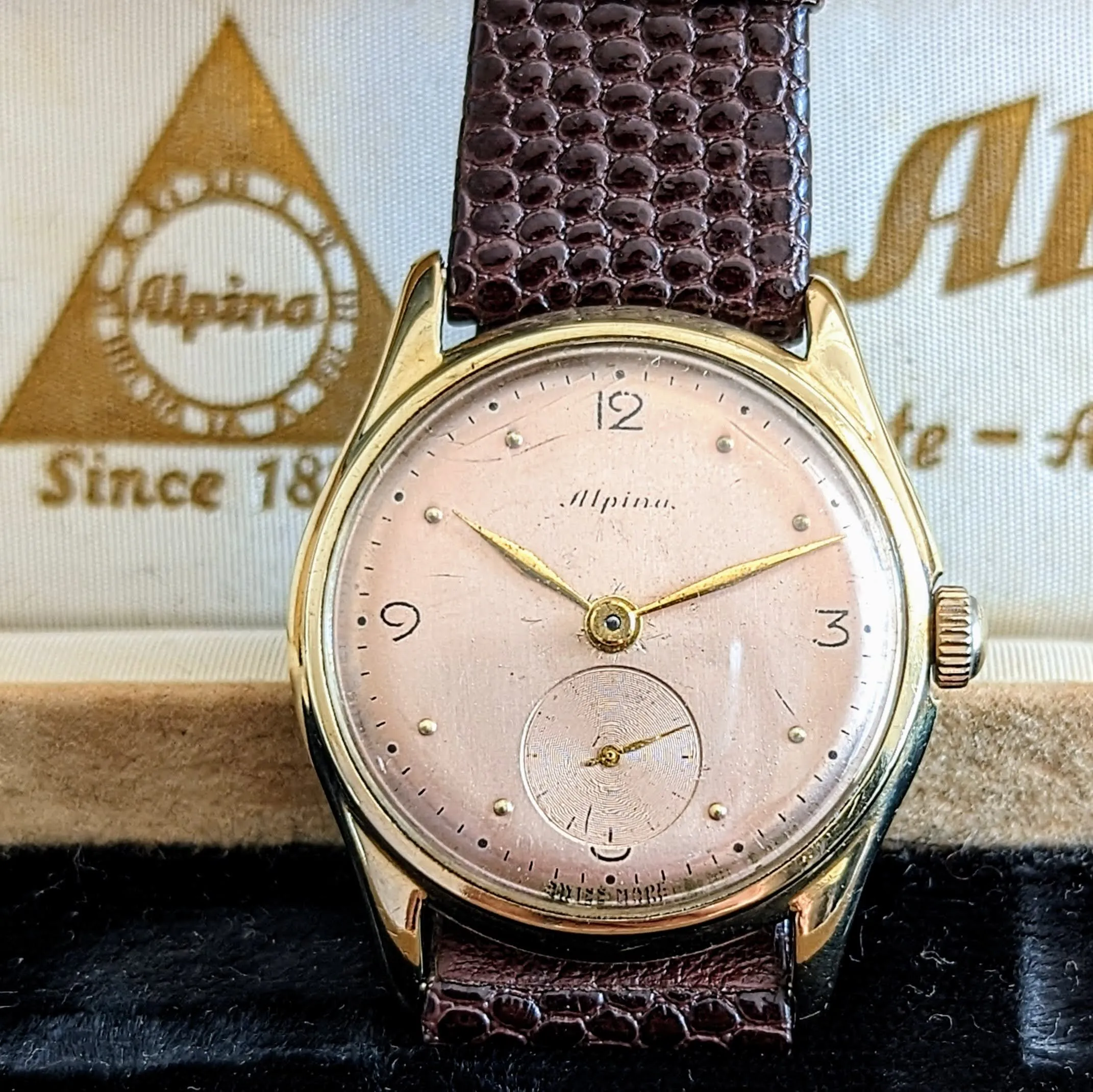 1940s ALPINA Watch 14K GOLD Vintage Wristwatch - Rose Gold Dial - Original BOX!