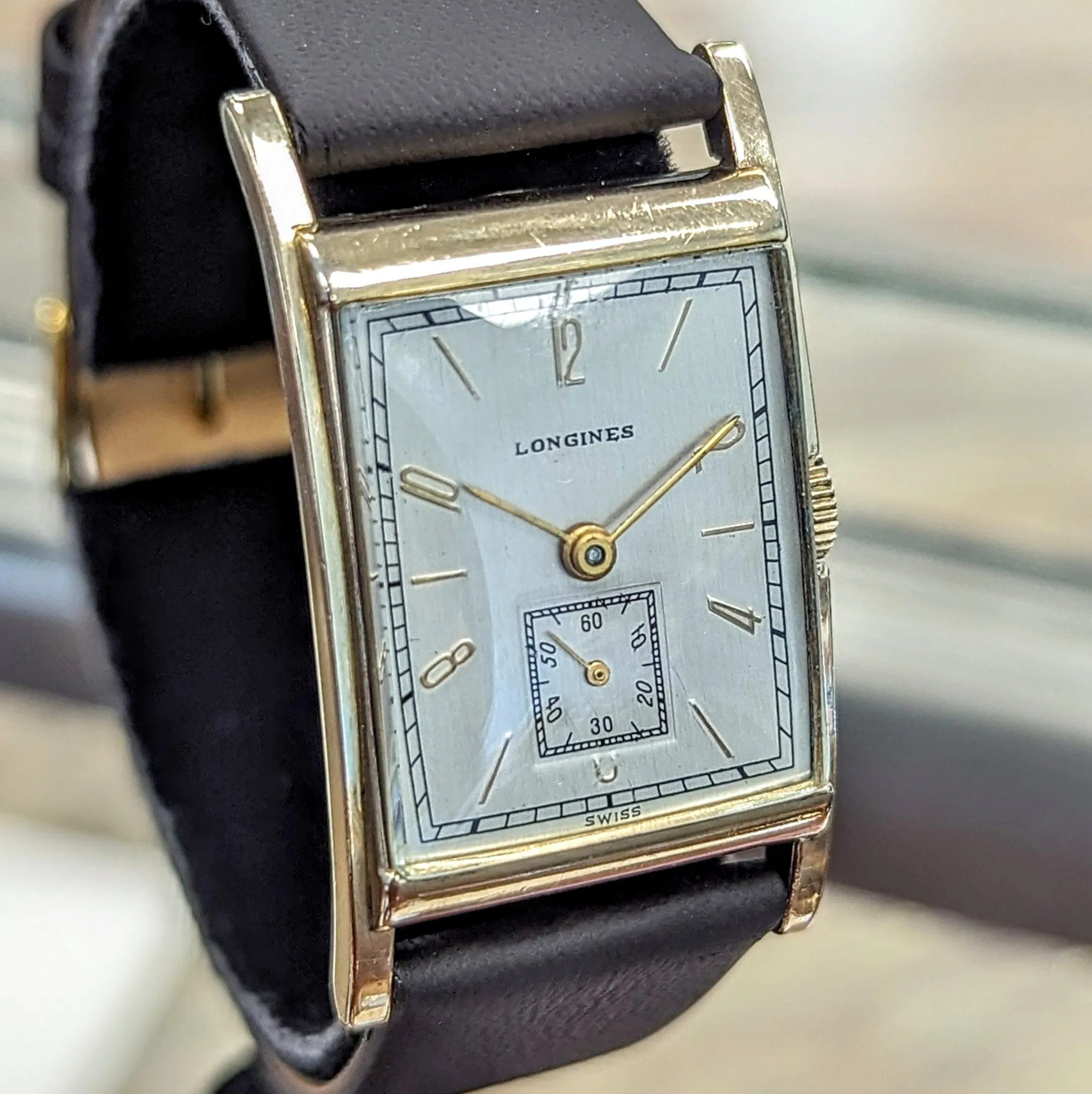 1944 LONGINES Watch 17 Jewels Cal. 9L Wristwatch 10K GF Tank Case Wristwatch