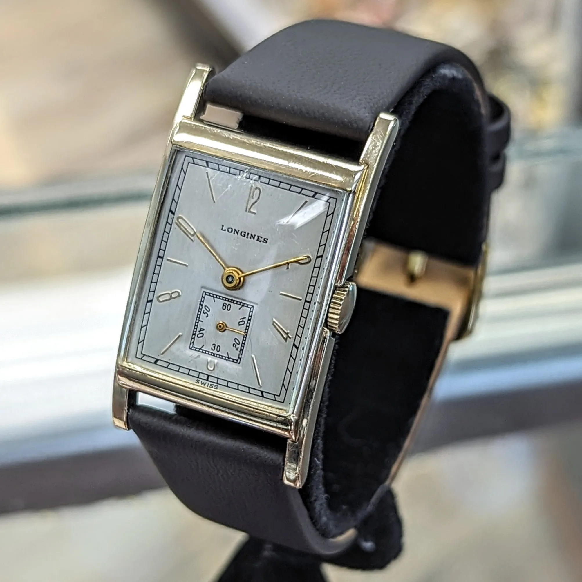 1944 LONGINES Watch 17 Jewels Cal. 9L Wristwatch 10K GF Tank Case Wristwatch