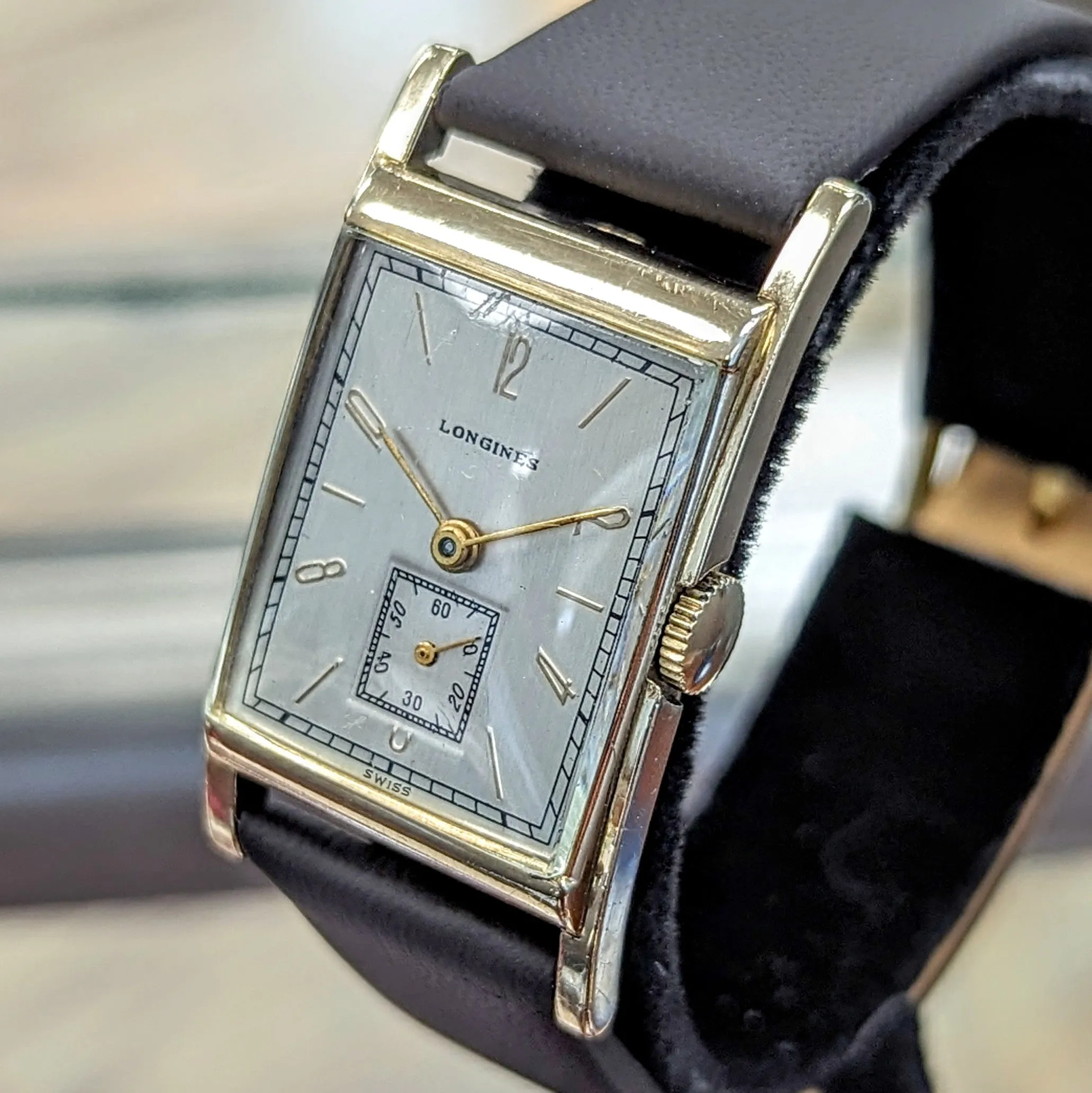 1944 LONGINES Watch 17 Jewels Cal. 9L Wristwatch 10K GF Tank Case Wristwatch
