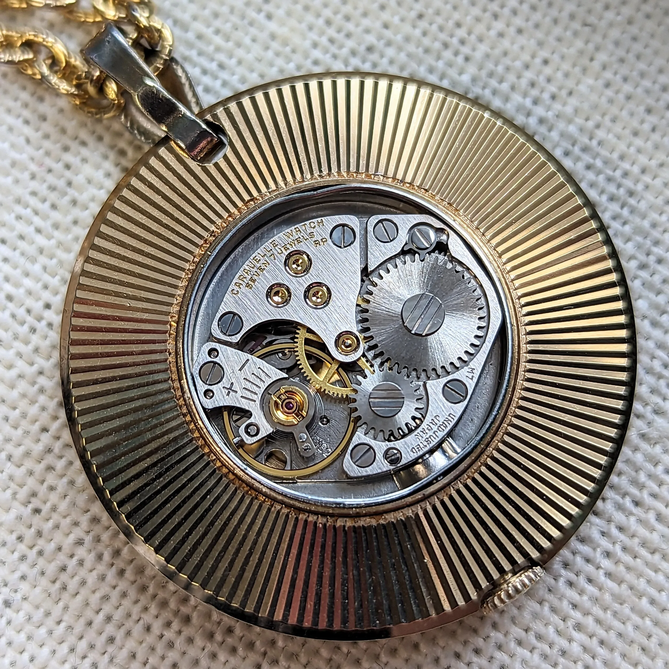 1967 CARAVELLE by Bulova Ladies Pendant 7 Jewels Watch with GP Link Chain 24"