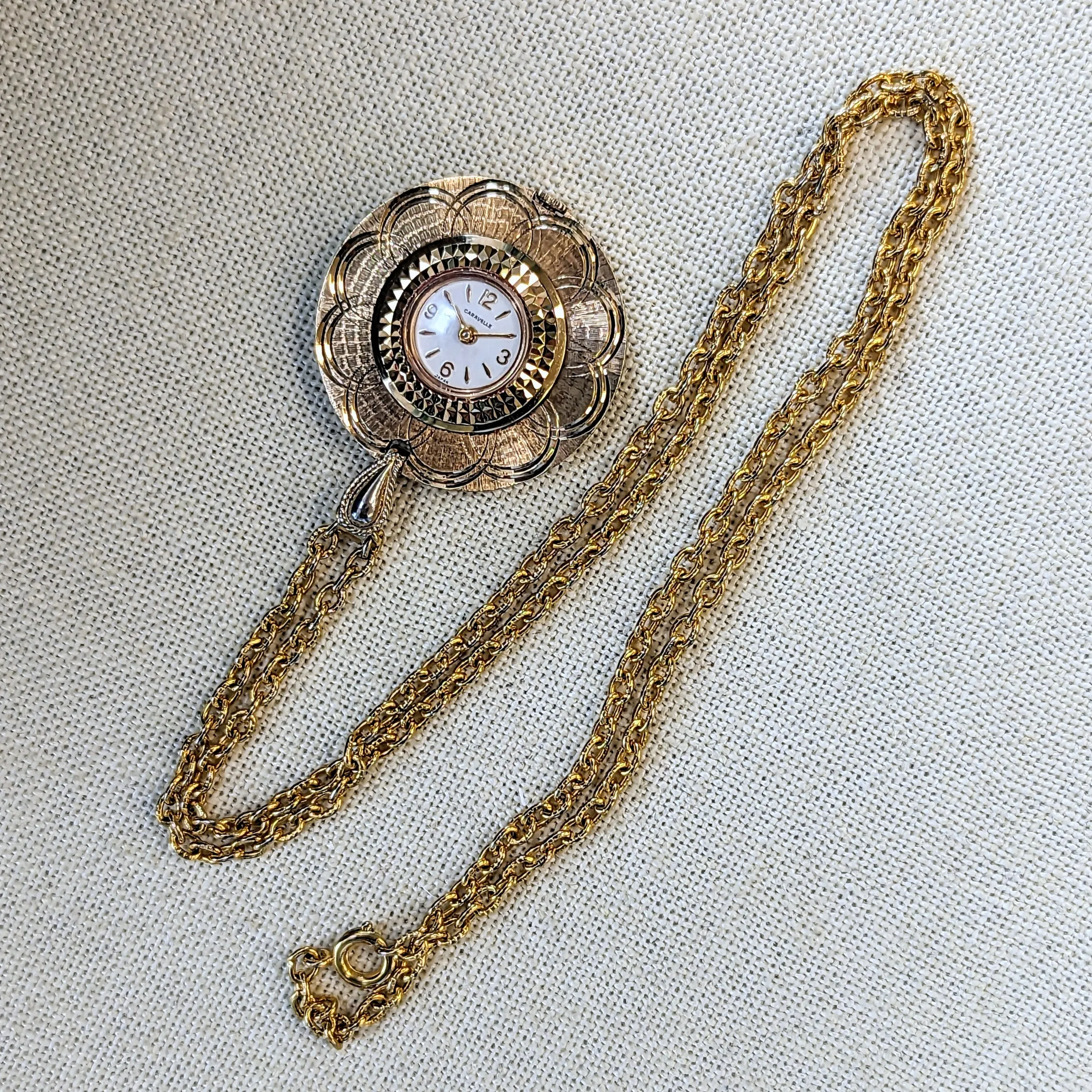 1967 CARAVELLE by Bulova Ladies Pendant 7 Jewels Watch with GP Link Chain 24"