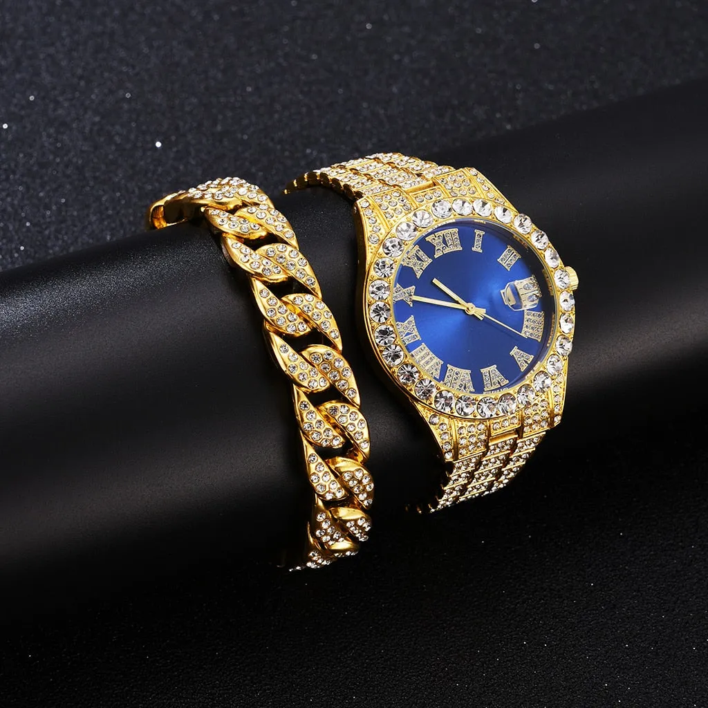 2PCS  Gold Luxury Fashion Calendar Quartz Watch Rhinestone Wristwatch  Set