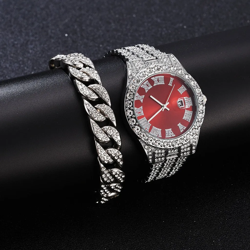 2PCS  Gold Luxury Fashion Calendar Quartz Watch Rhinestone Wristwatch  Set