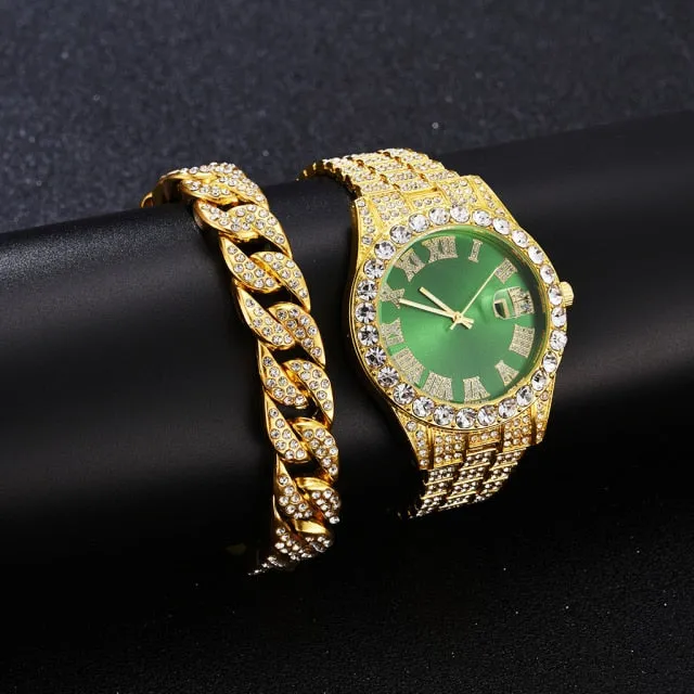 2PCS  Gold Luxury Fashion Calendar Quartz Watch Rhinestone Wristwatch  Set
