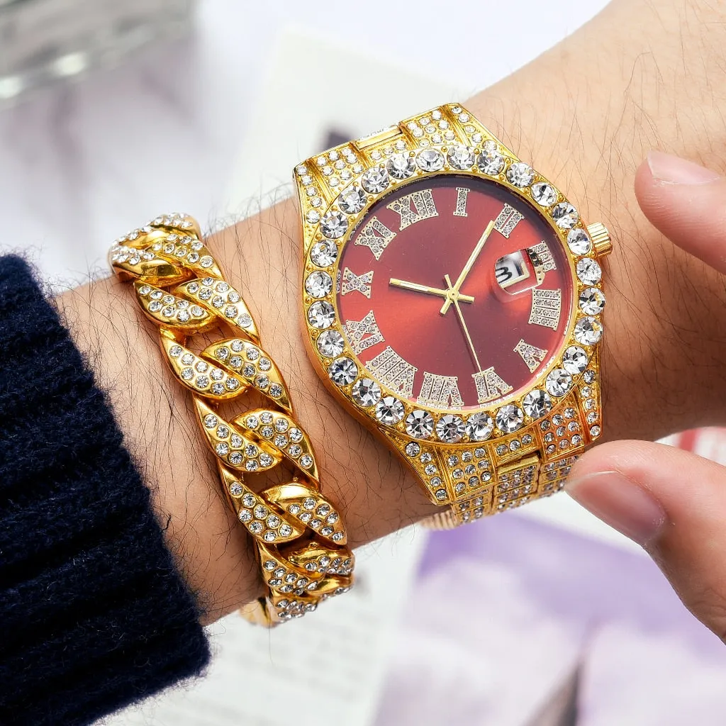 2PCS  Gold Luxury Fashion Calendar Quartz Watch Rhinestone Wristwatch  Set