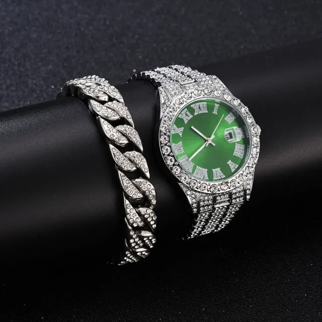 2PCS  Gold Luxury Fashion Calendar Quartz Watch Rhinestone Wristwatch  Set