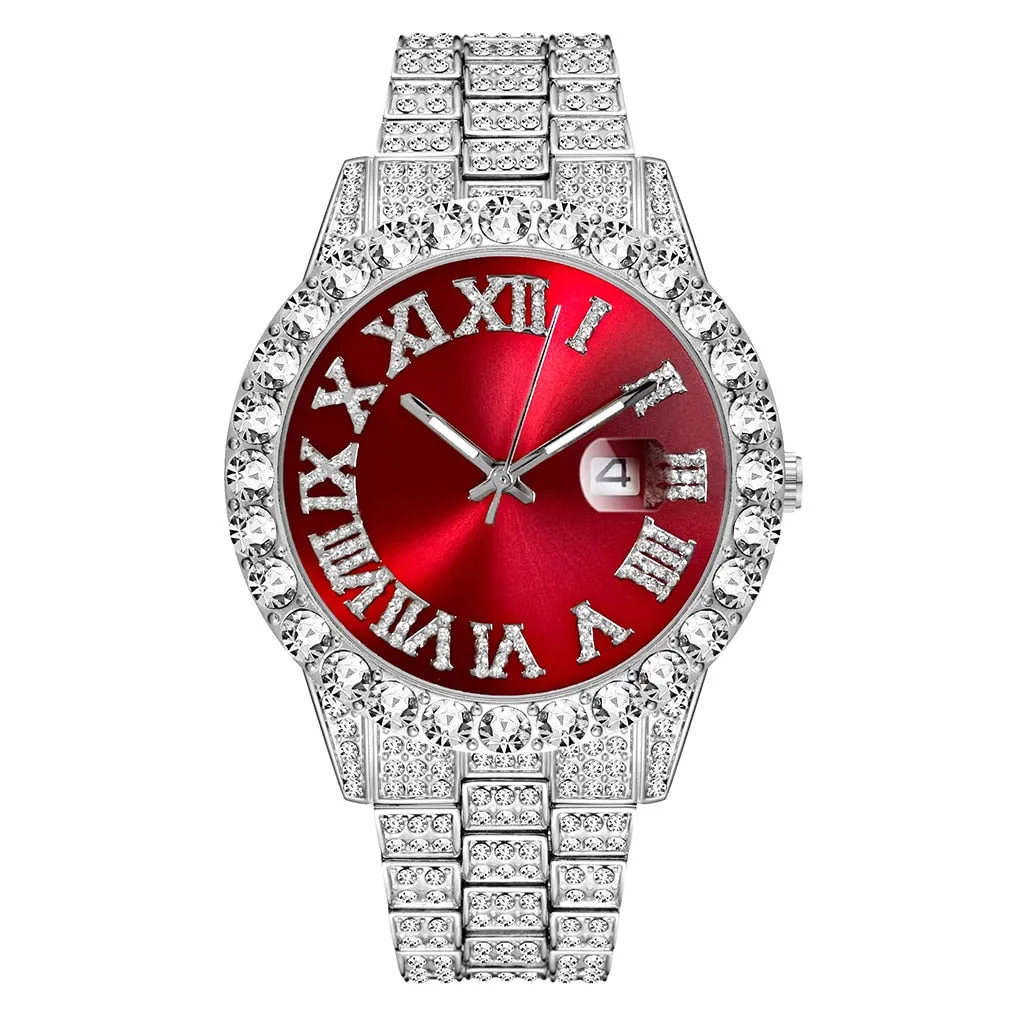 2PCS  Gold Luxury Fashion Calendar Quartz Watch Rhinestone Wristwatch  Set