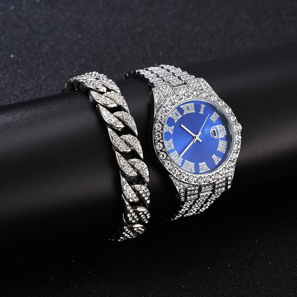 2PCS  Gold Luxury Fashion Calendar Quartz Watch Rhinestone Wristwatch  Set