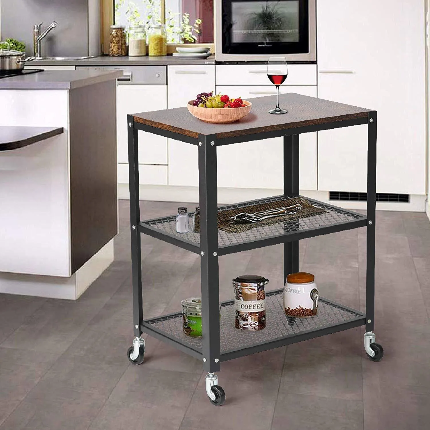 3-Tier Modern Style Storage Rack with Wheels - Steel Movable Storage Shelf and Display Rack in Black/Brown