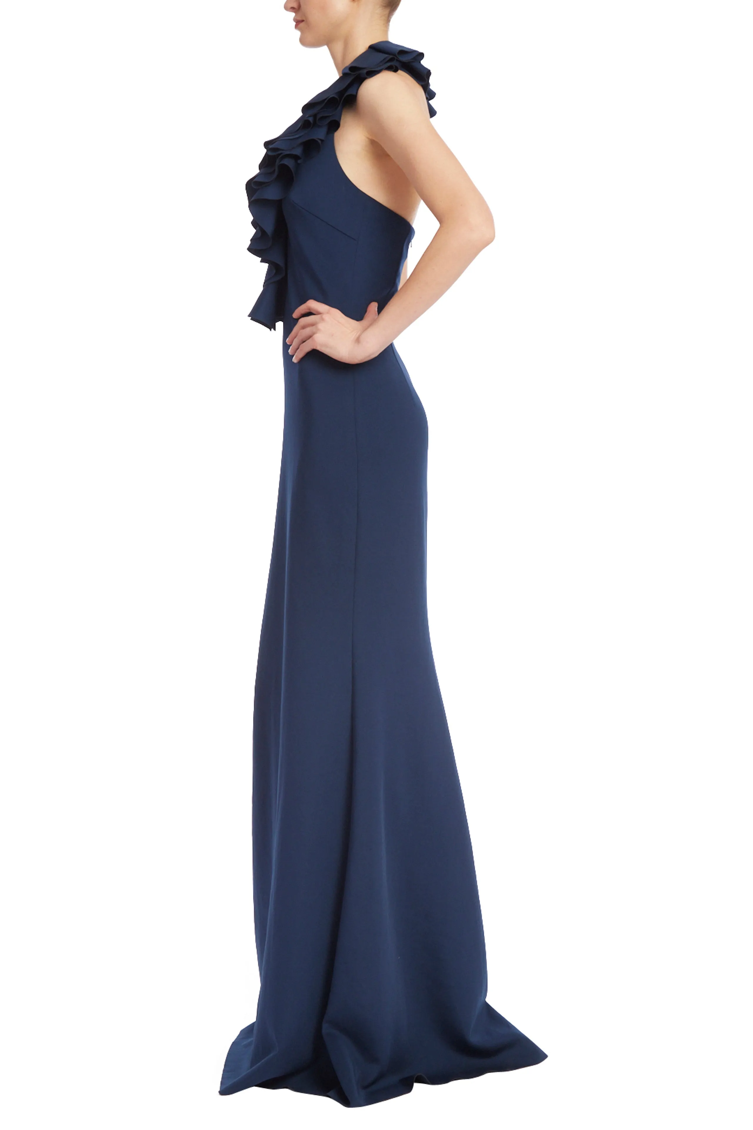 Badgley Mischka Cascading Ruffle Halter Gown