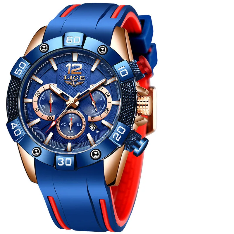 Blue Mens  Luxury Clock Sports Chronograph Waterproof Quartz Watch