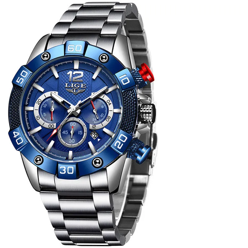Blue Mens  Luxury Clock Sports Chronograph Waterproof Quartz Watch