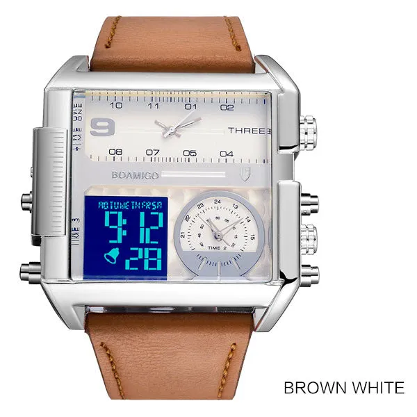 BOAMIGO Brand Men Sports Watches 3 Time Zones Time