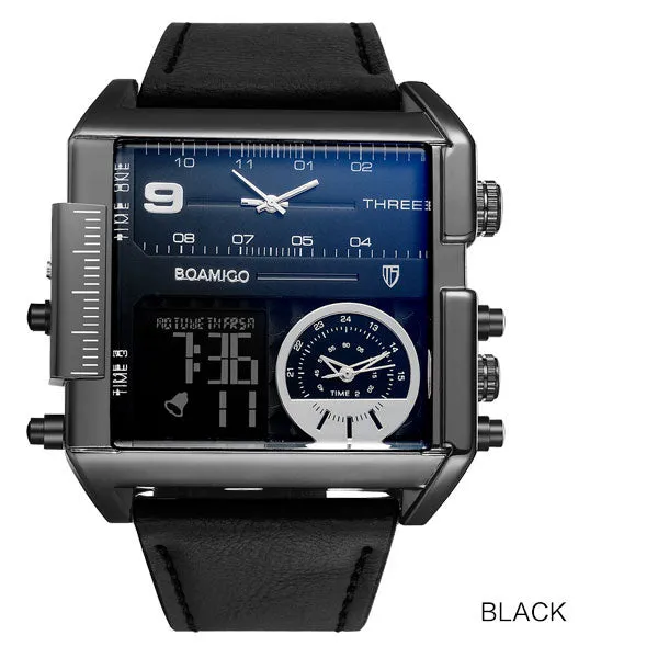 BOAMIGO Brand Men Sports Watches 3 Time Zones Time
