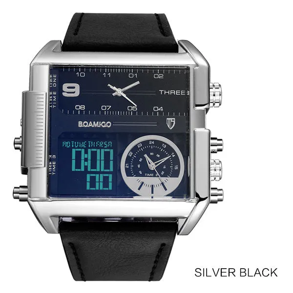 BOAMIGO Brand Men Sports Watches 3 Time Zones Time