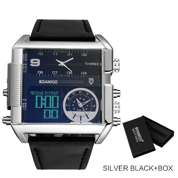 BOAMIGO Brand Men Sports Watches 3 Time Zones Time