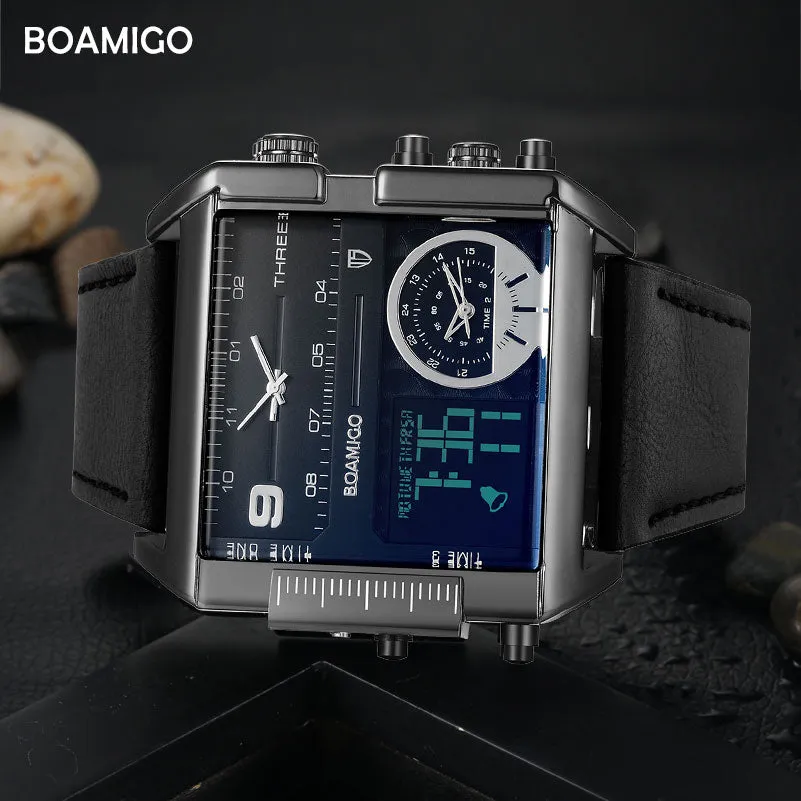 BOAMIGO Brand Men Sports Watches 3 Time Zones Time