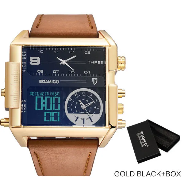 BOAMIGO Brand Men Sports Watches 3 Time Zones Time