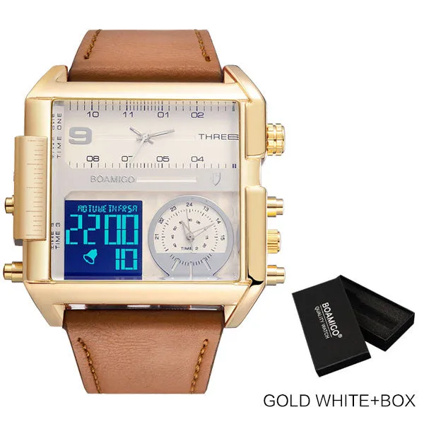 BOAMIGO Brand Men Sports Watches 3 Time Zones Time