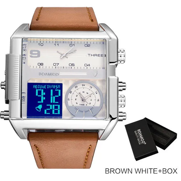 BOAMIGO Brand Men Sports Watches 3 Time Zones Time