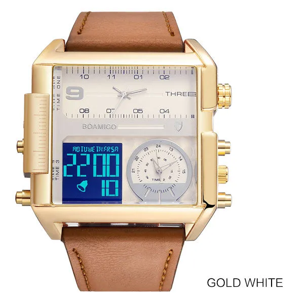 BOAMIGO Brand Men Sports Watches 3 Time Zones Time