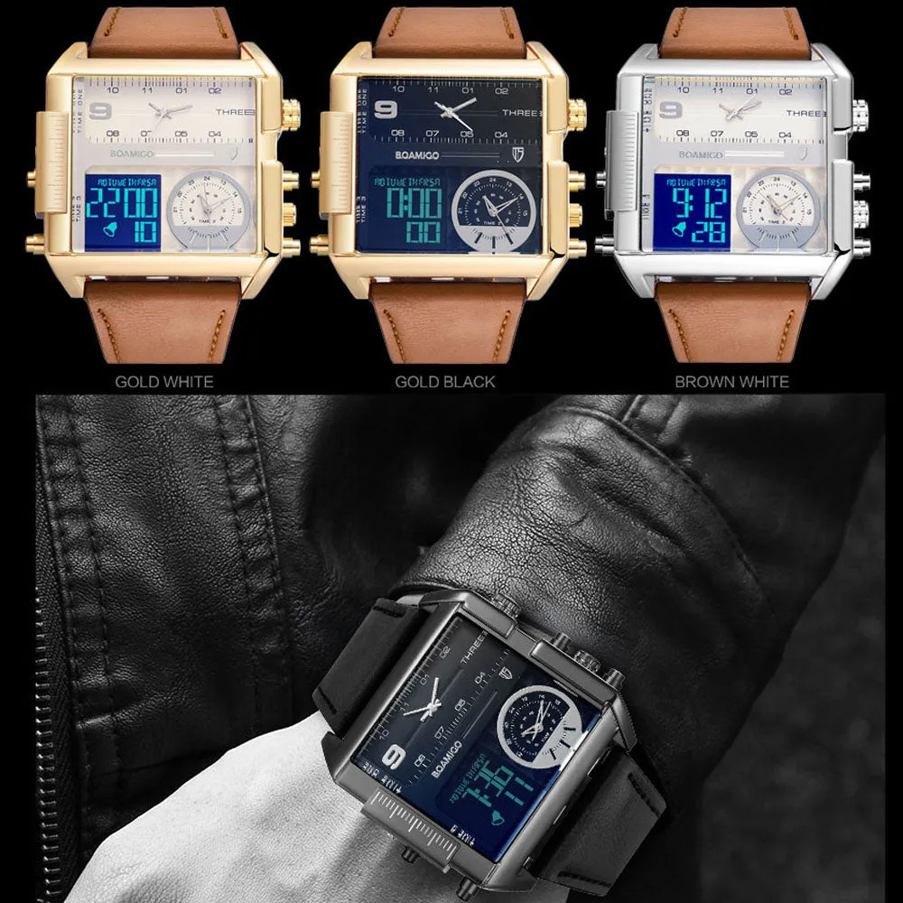 BOAMIGO Brand Men Sports Watches 3 Time Zones Time