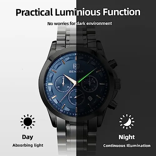 BY BENYAR Men's Watches Analog Quartz Chronograph Waterproof Stainless Steel Wrist Watches for Men Business Work Casual Sport Black Mens Dress Watch Unique Elegant Gifts for Men