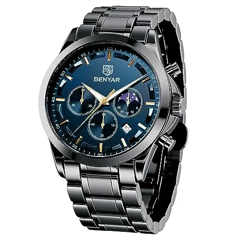 BY BENYAR Men's Watches Analog Quartz Chronograph Waterproof Stainless Steel Wrist Watches for Men Business Work Casual Sport Black Mens Dress Watch Unique Elegant Gifts for Men