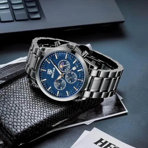 BY BENYAR Men's Watches Analog Quartz Chronograph Waterproof Stainless Steel Wrist Watches for Men Business Work Casual Sport Black Mens Dress Watch Unique Elegant Gifts for Men