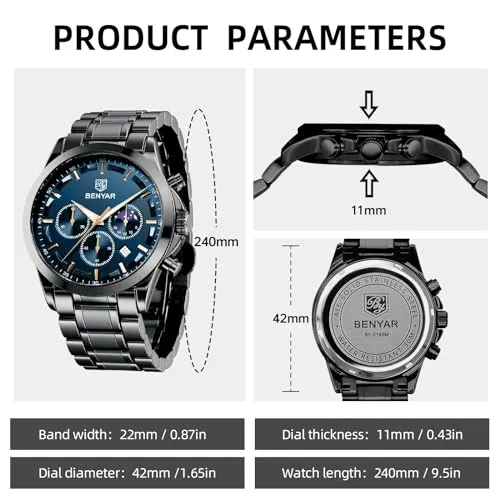 BY BENYAR Men's Watches Analog Quartz Chronograph Waterproof Stainless Steel Wrist Watches for Men Business Work Casual Sport Black Mens Dress Watch Unique Elegant Gifts for Men