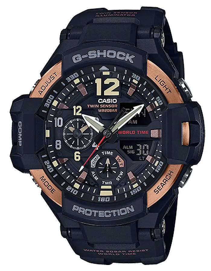 Casio G-Shock Gravity Master - Rose Gold-Tone - Black Strap - World Time - 200m