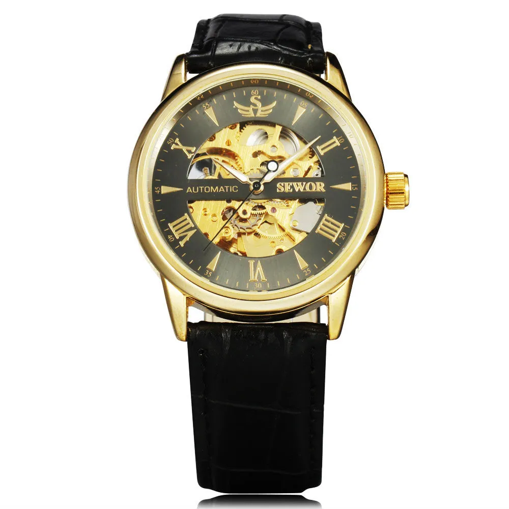 Casual Fashion Men's Watches Men Luxury Brand Skeleton Dial Leather Strap Mechanical Watch Vintage Dress Watches