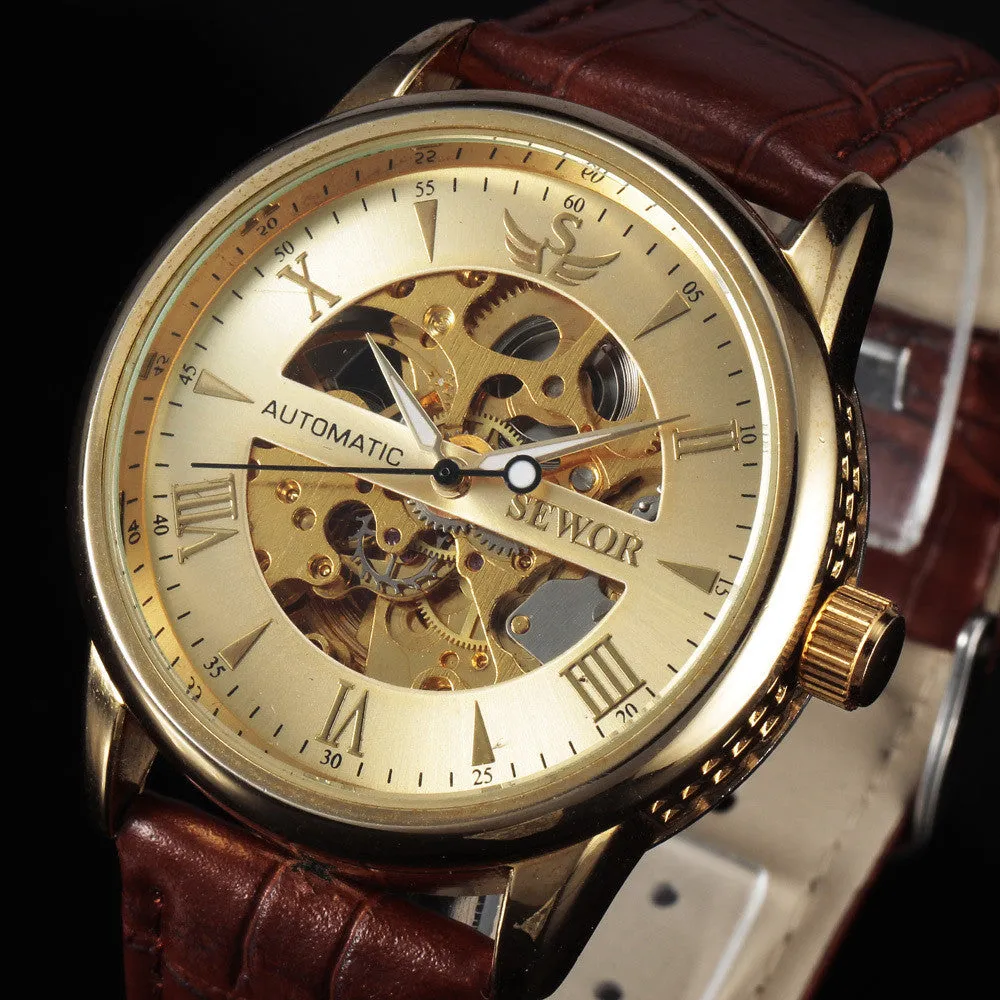 Casual Fashion Men's Watches Men Luxury Brand Skeleton Dial Leather Strap Mechanical Watch Vintage Dress Watches