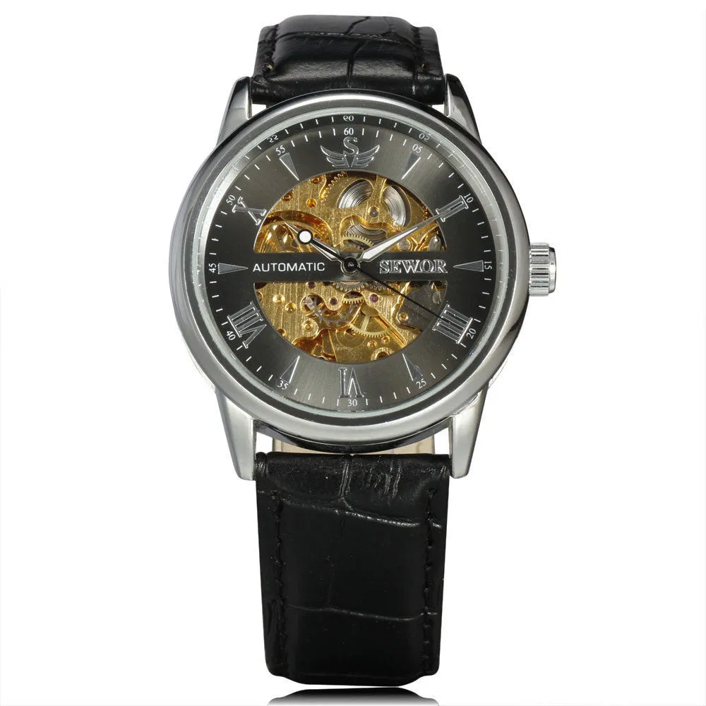 Casual Fashion Men's Watches Men Luxury Brand Skeleton Dial Leather Strap Mechanical Watch Vintage Dress Watches