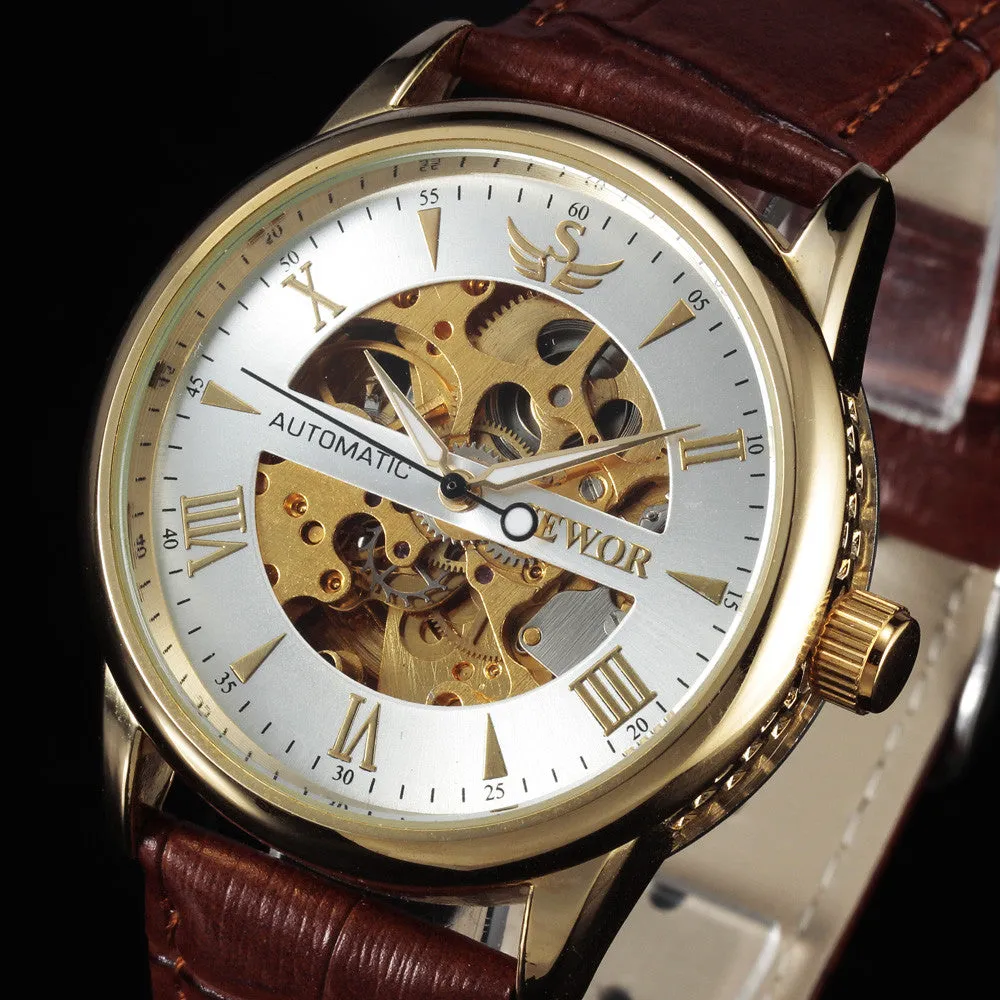 Casual Fashion Men's Watches Men Luxury Brand Skeleton Dial Leather Strap Mechanical Watch Vintage Dress Watches