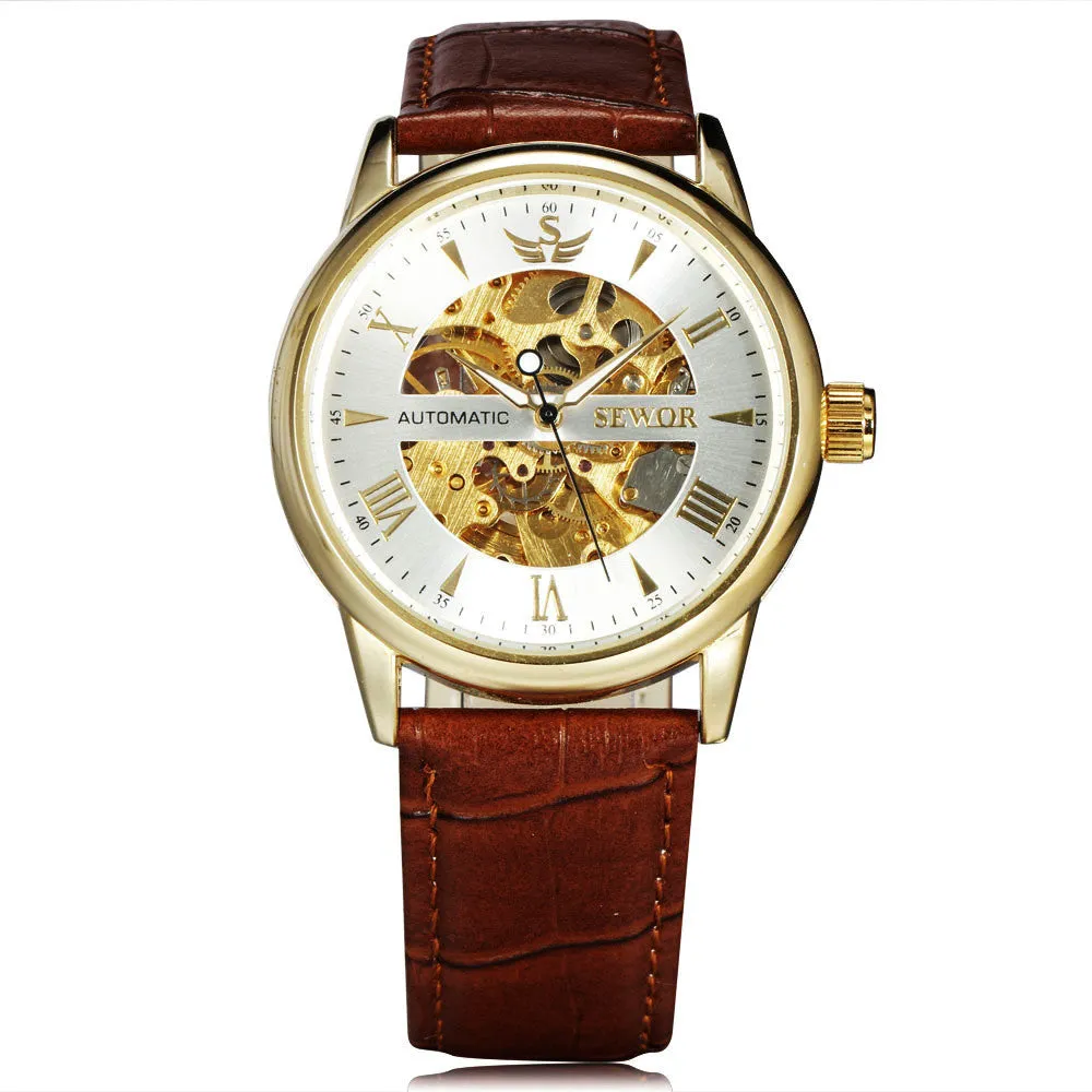 Casual Fashion Men's Watches Men Luxury Brand Skeleton Dial Leather Strap Mechanical Watch Vintage Dress Watches