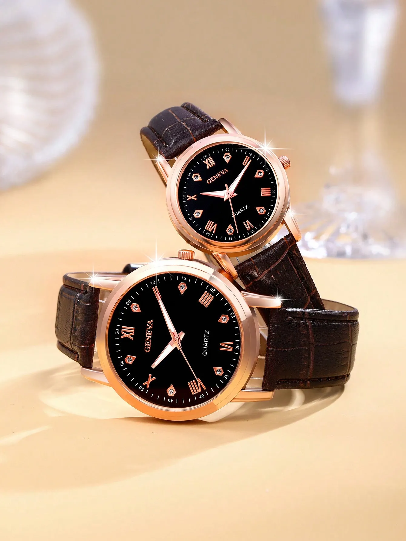 Couple watches|Couple Style Brown Pu Strap Casual Quartz Watch Gift Set