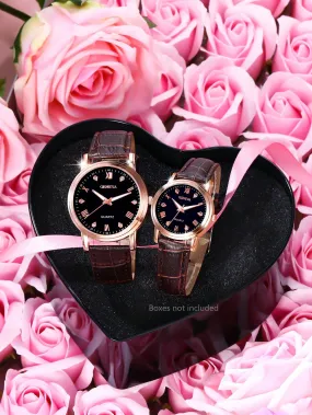 Couple watches|Couple Style Brown Pu Strap Casual Quartz Watch Gift Set