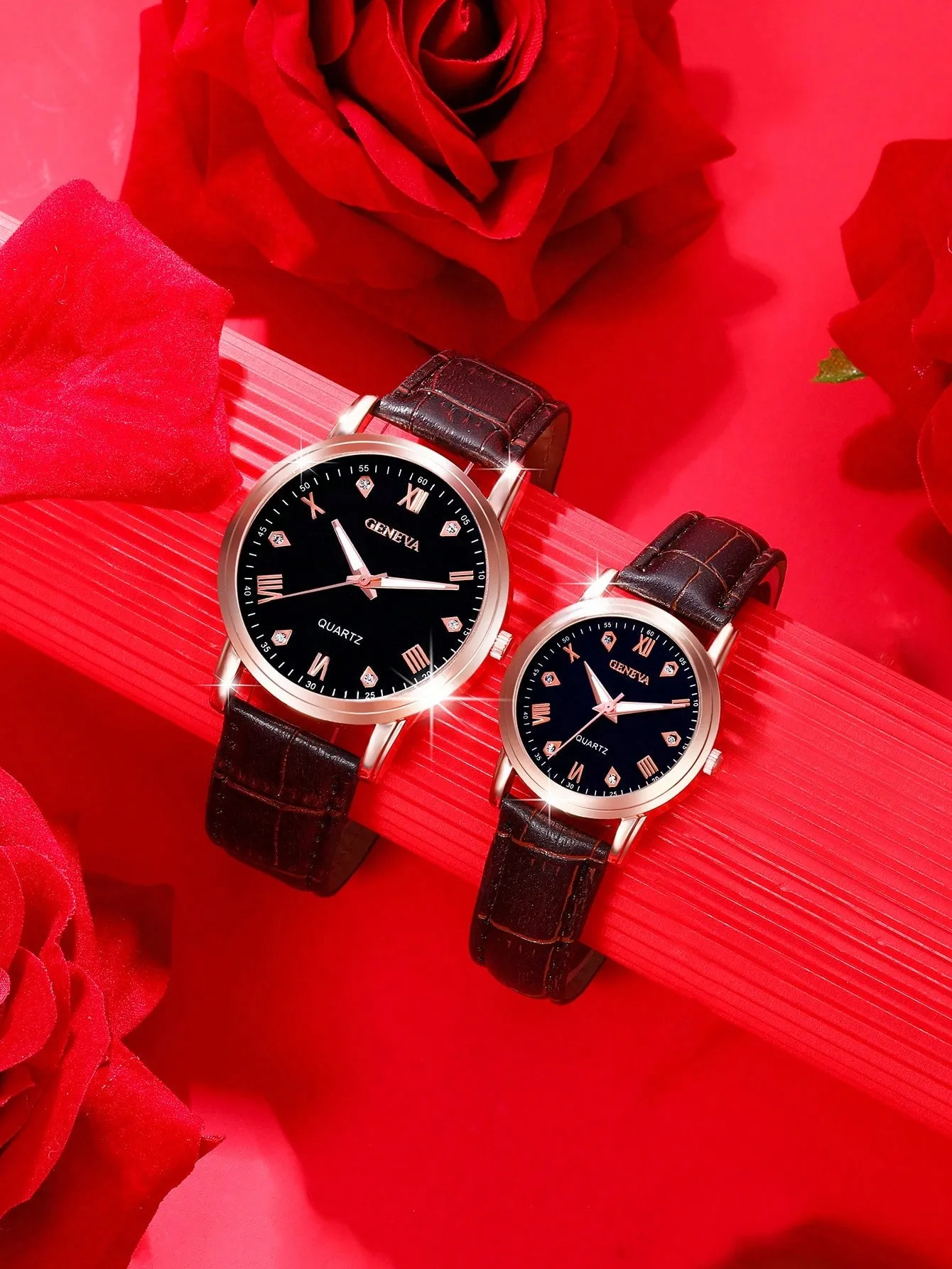 Couple watches|Couple Style Brown Pu Strap Casual Quartz Watch Gift Set