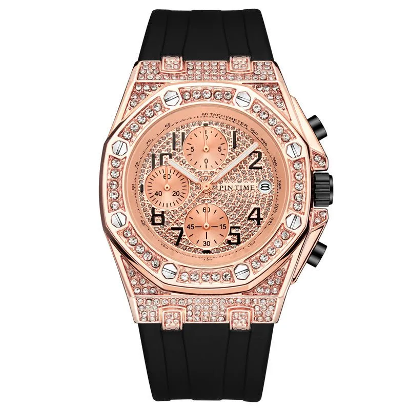 Diamond-Encrusted Large Dial Men's Watch With Chronograph Function