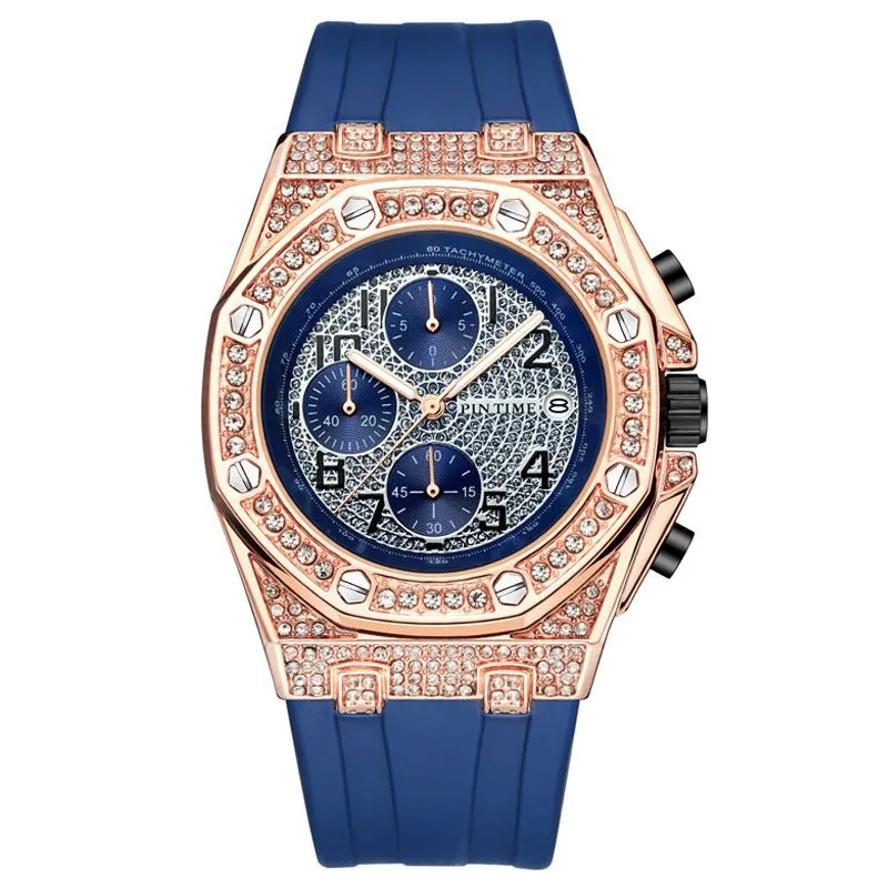 Diamond-Encrusted Large Dial Men's Watch With Chronograph Function