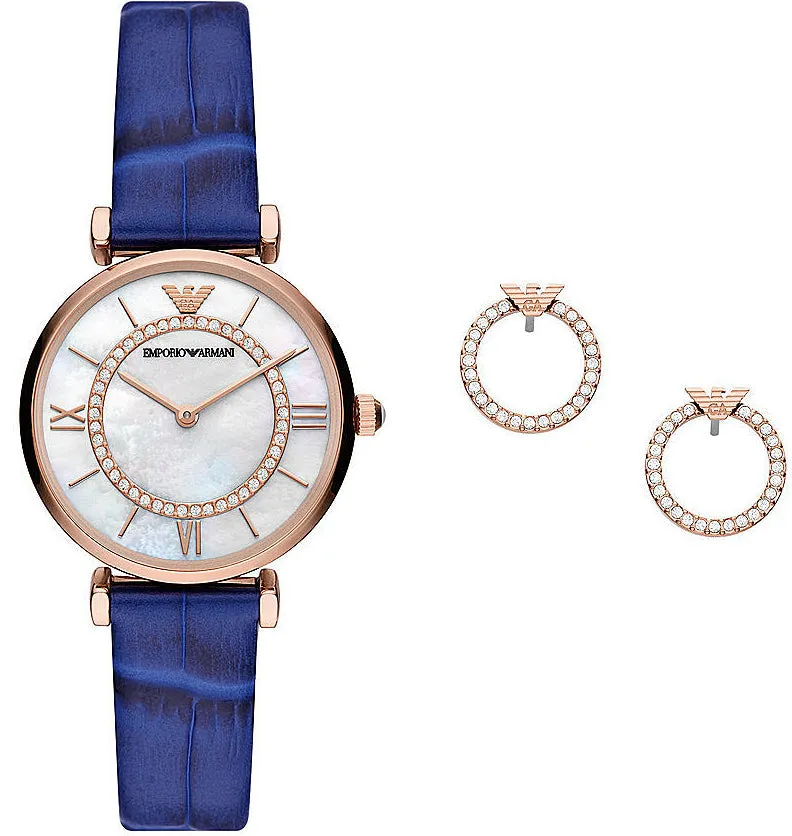EA Watch Two Hand Blue With Earring Gift Set D