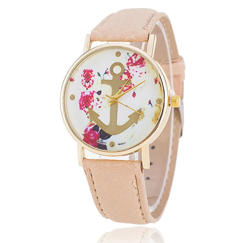 Fashion Leather Anchor Watch For Women Quartz Watches Reloj Mujer Ladies Flower Watches
